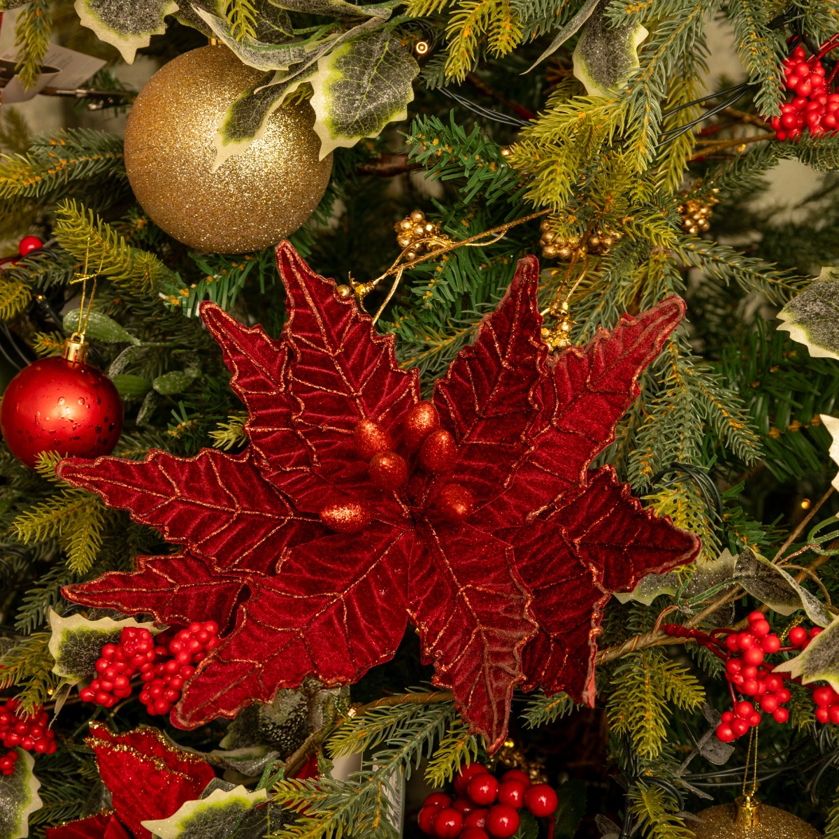 Burgundy Velvet Glitter Poinsettia Stem - Christmas Floristry Decoration