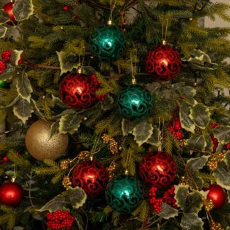 Red And Green Glitter Baubles - Pack of 12 - Christmas Tree Decorations