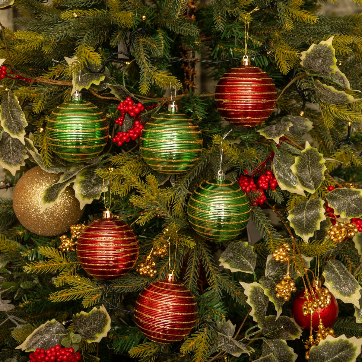 Assorted Red And Green Glitter Baubles - Pack of 12 - Christmas Tree Decoration