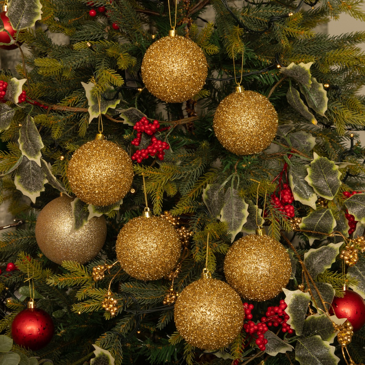 Gold Glitter Baubles - Pack of 12 - Christmas Tree Decoration