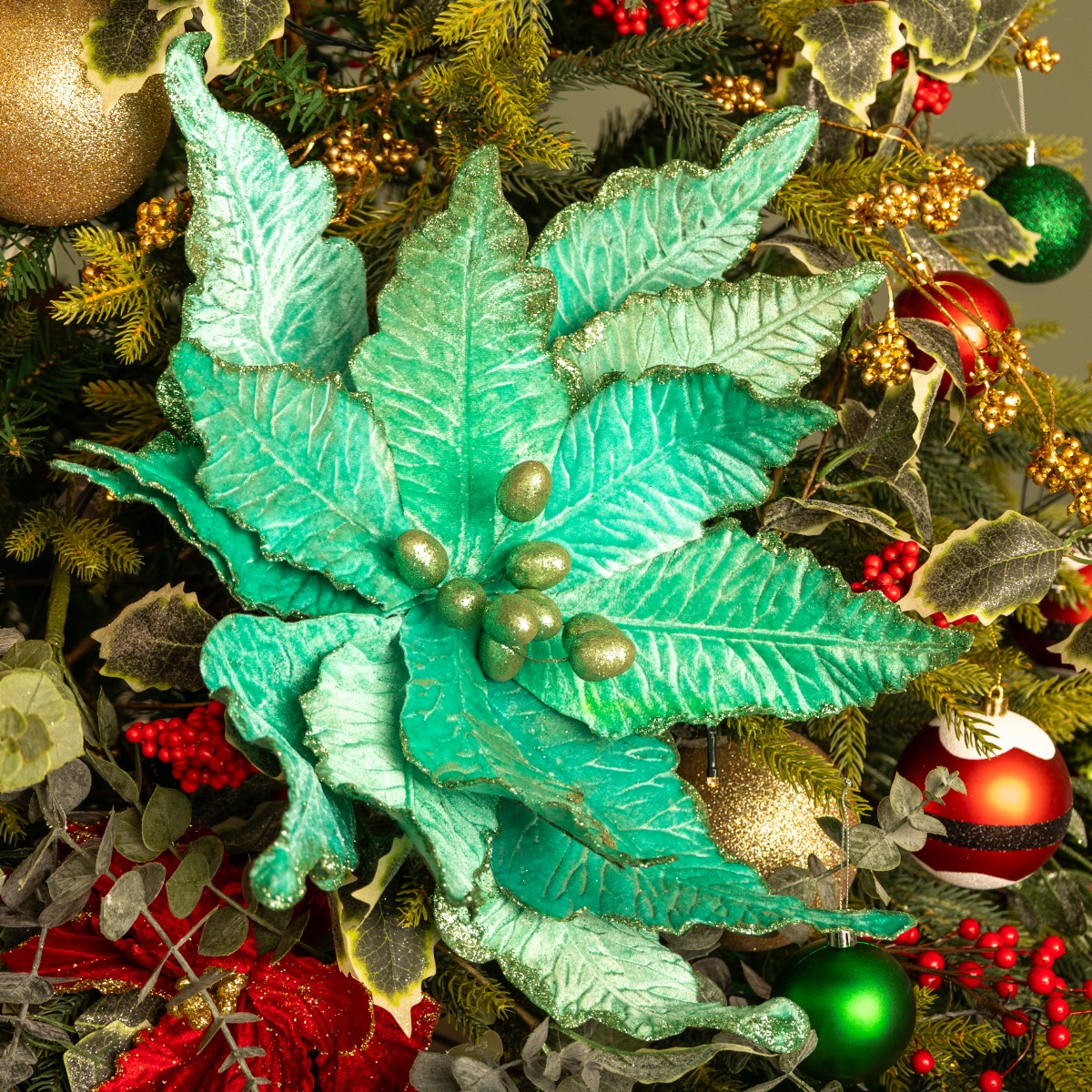 Turquoise Blue Poinsettia Stem - Christmas Floristry Decoration