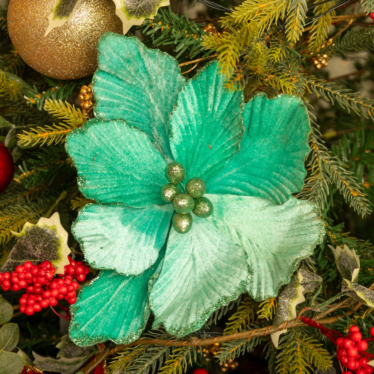 Turquoise Blue Velvet Magnolia Stem - Christmas Floristry Decoration