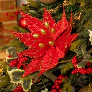 Red Velvet Glitter Poinsettia Stem - Christmas Floristry Decoration