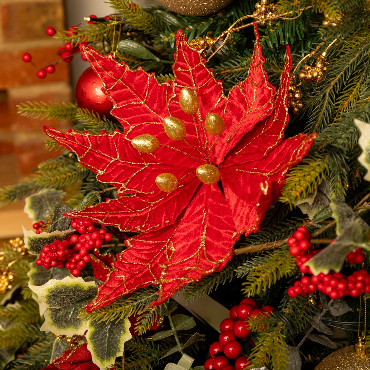 Red Velvet Glitter Poinsettia Stem - Christmas Floristry Decoration