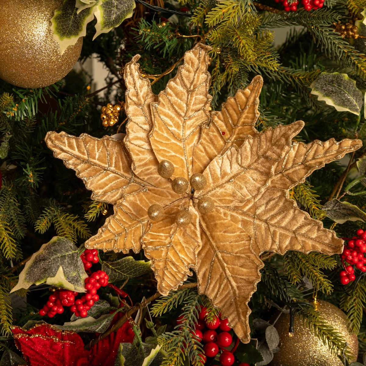 Champagne Velvet Glitter Poinsettia Stem - Christmas Floristry Decoration