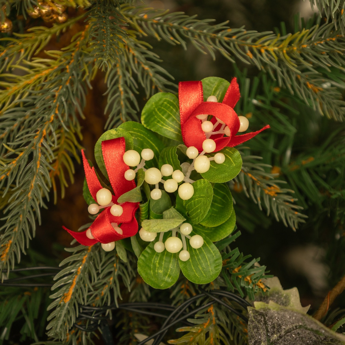 White Berry & Red Ribbon Pick - Christmas Tree Decoration
