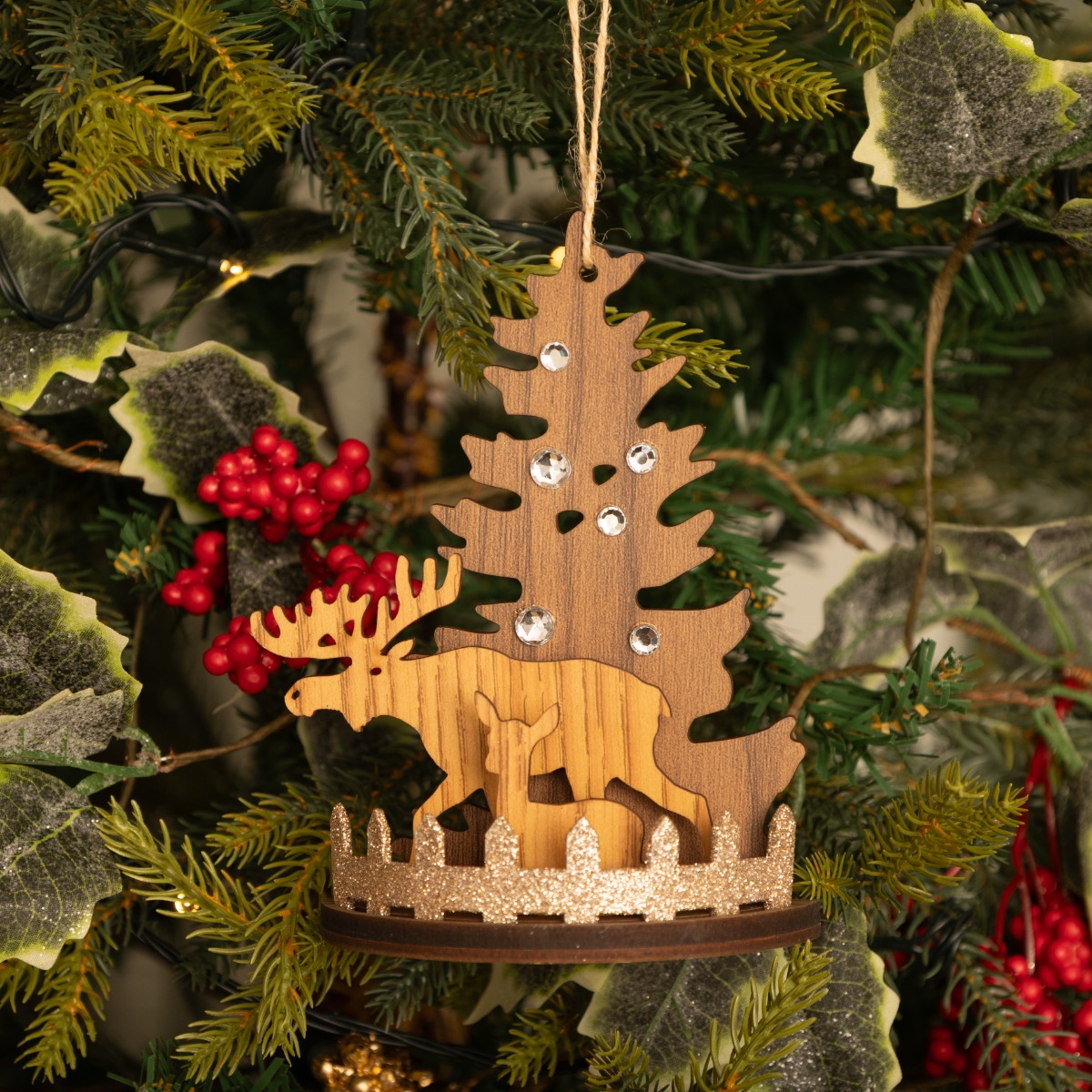 3d Wooden Tree And Reindeer - Christmas Tree Decoration