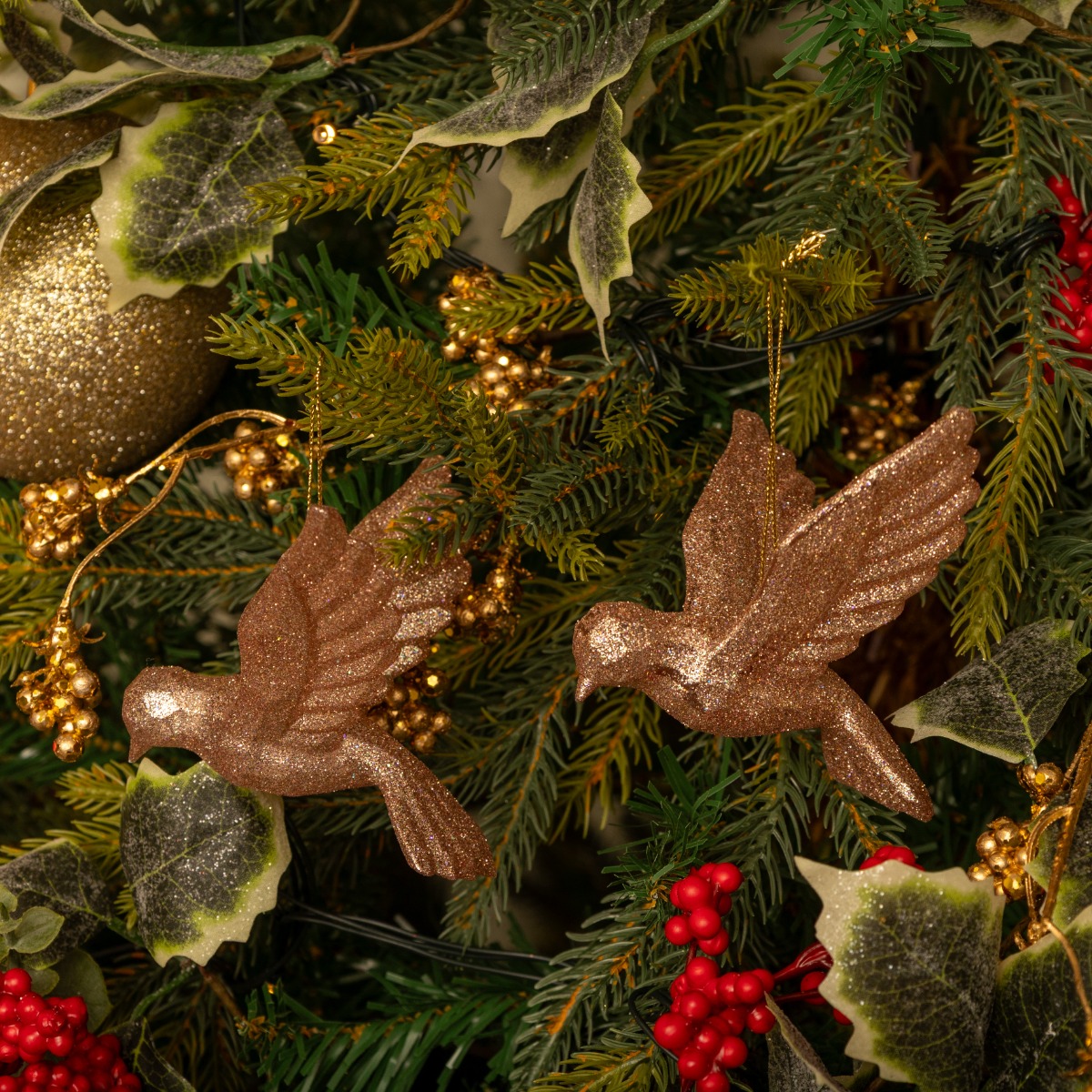 Pair of Rose Gold Glitter Doves - Christmas Tree Decoration