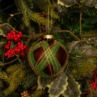 Burgundy And Green Check Glass Ball - Christmas Tree Decoration