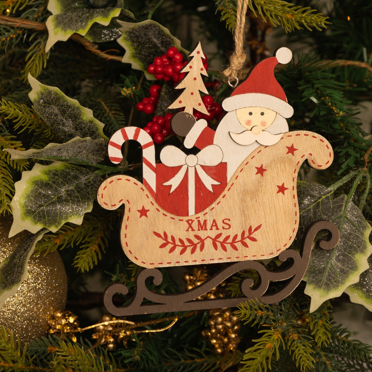 Wooden Red And White Santa in Sleigh - Christmas Decoration