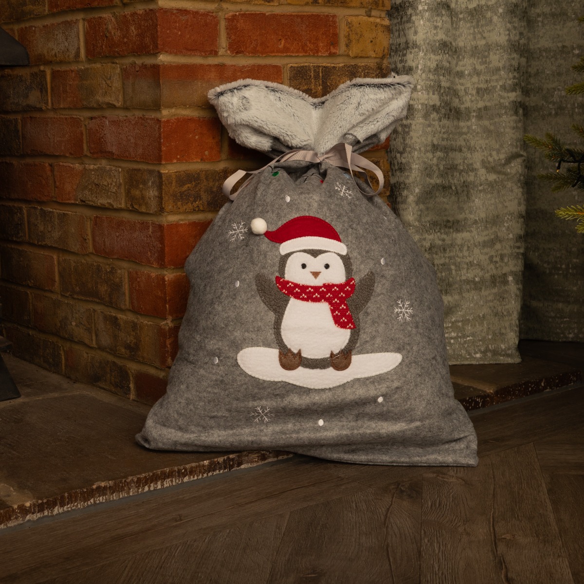 Grey Christmas Sack With Penguin - Christmas Decoration