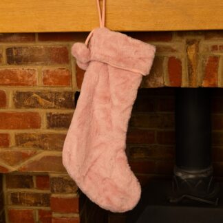Pink Fur Stocking With Pom Poms - Christmas Decoration