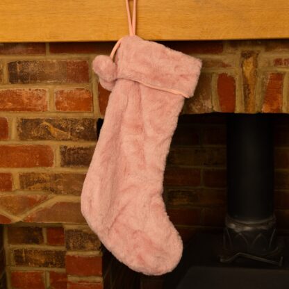 Pink Fur Stocking With Pom Poms - Christmas Decoration