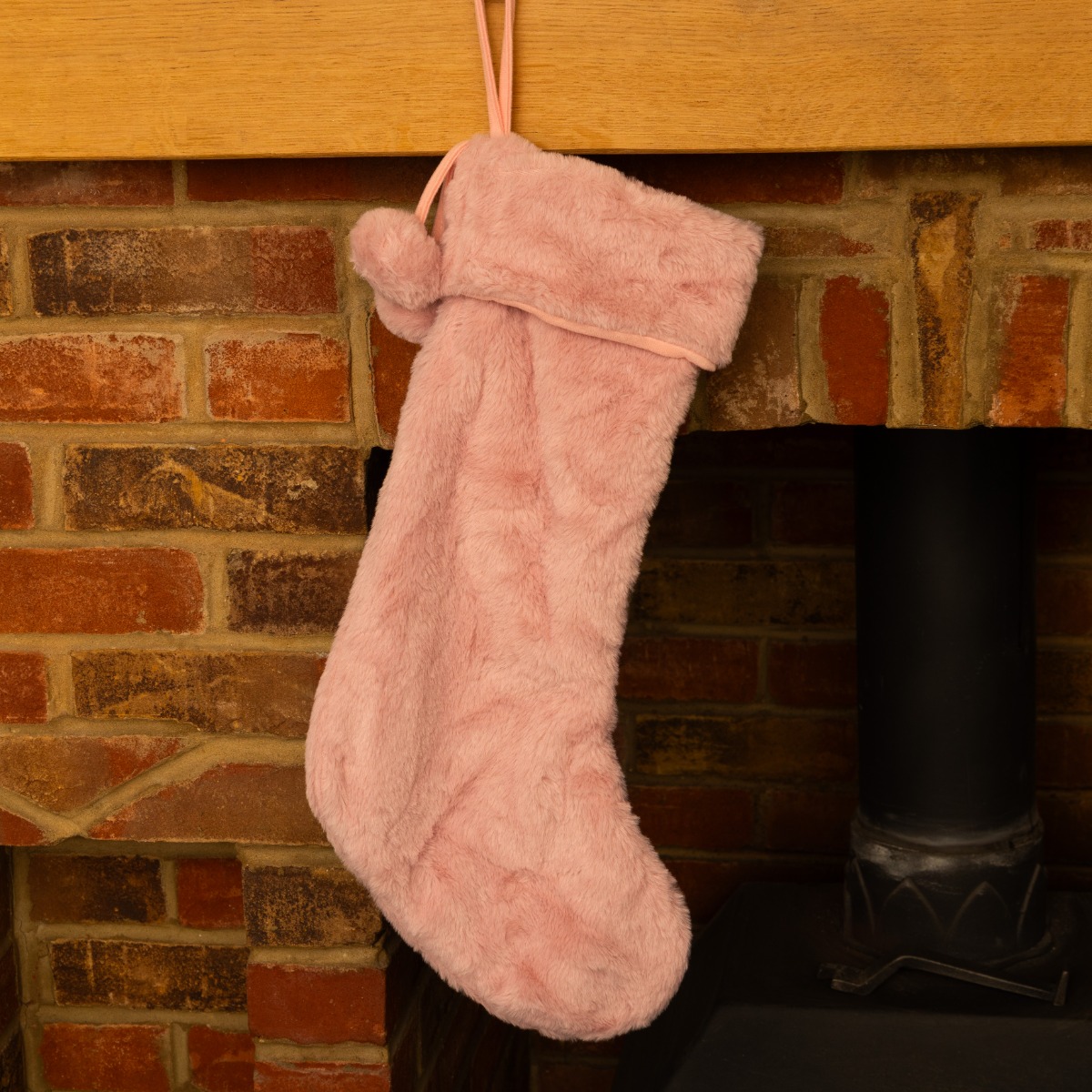Pink Fur Stocking With Pom Poms - Christmas Decoration
