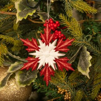 Hanging Red And White Glitter Snowflake - Christmas Tree Decoration