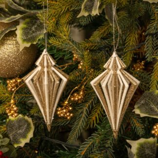 Pair of Hanging White And Champagne Finial Drops - Christmas Tree Decoration