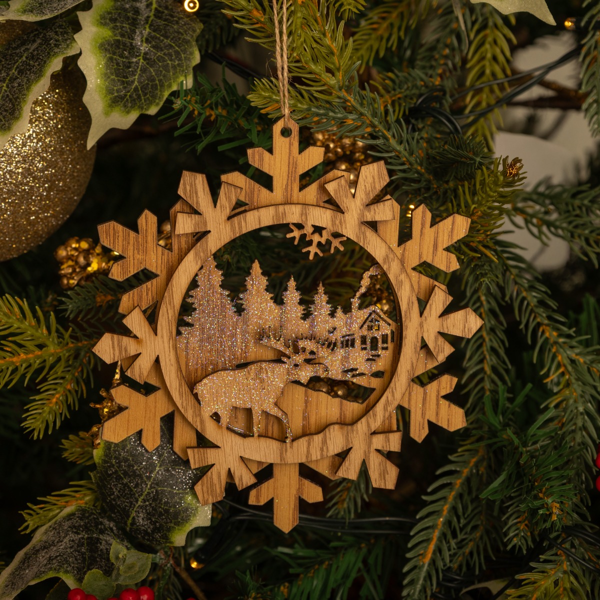 Hanging Wooden Snowflake-Reindeer Scene - Christmas Tree Decoration