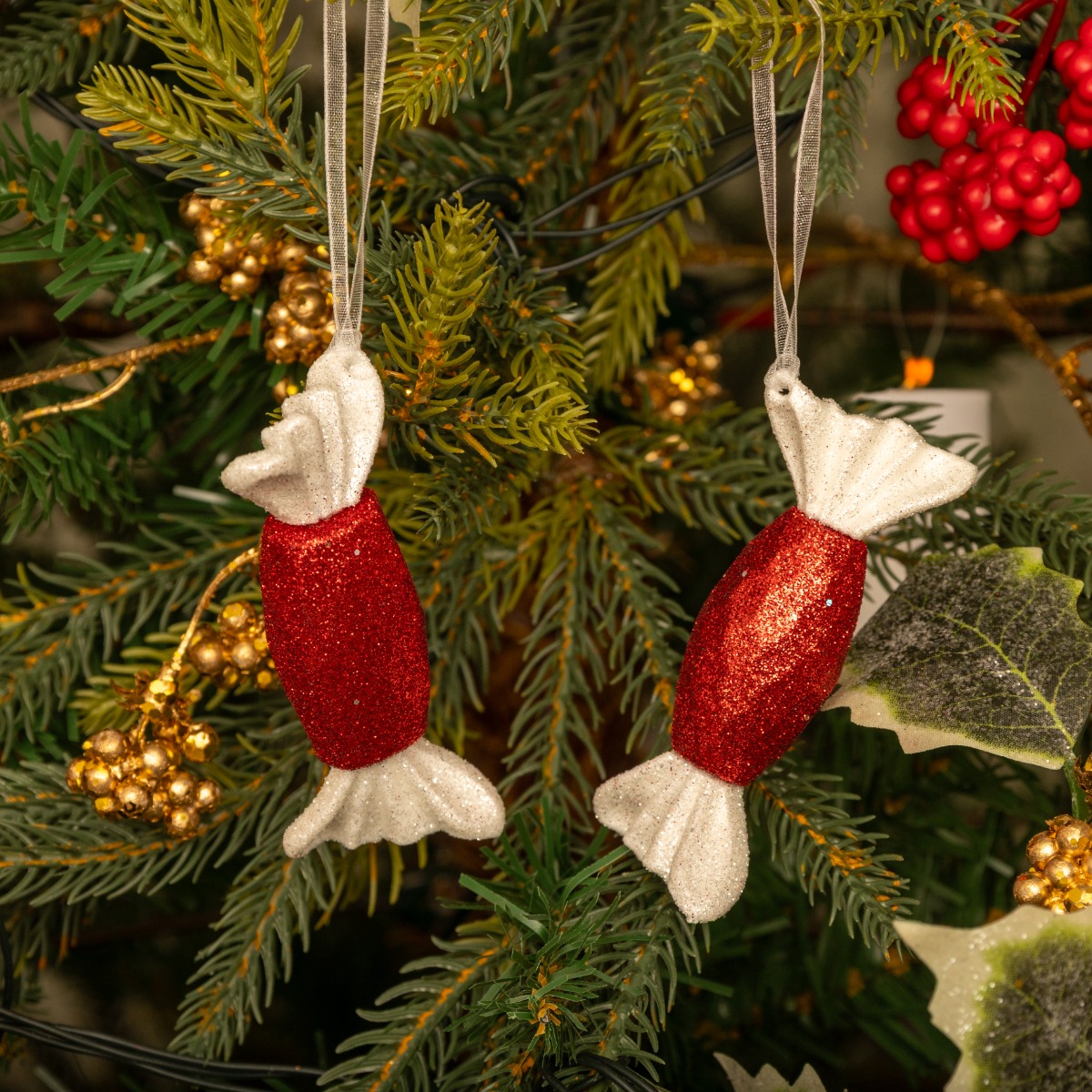 Pair of Hanging Red And White Glitter Sweet - Christmas Tree Decoration