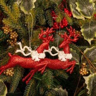 Pair of Hanging Red And White Leaping Reindeer - Christmas Tree Decoration