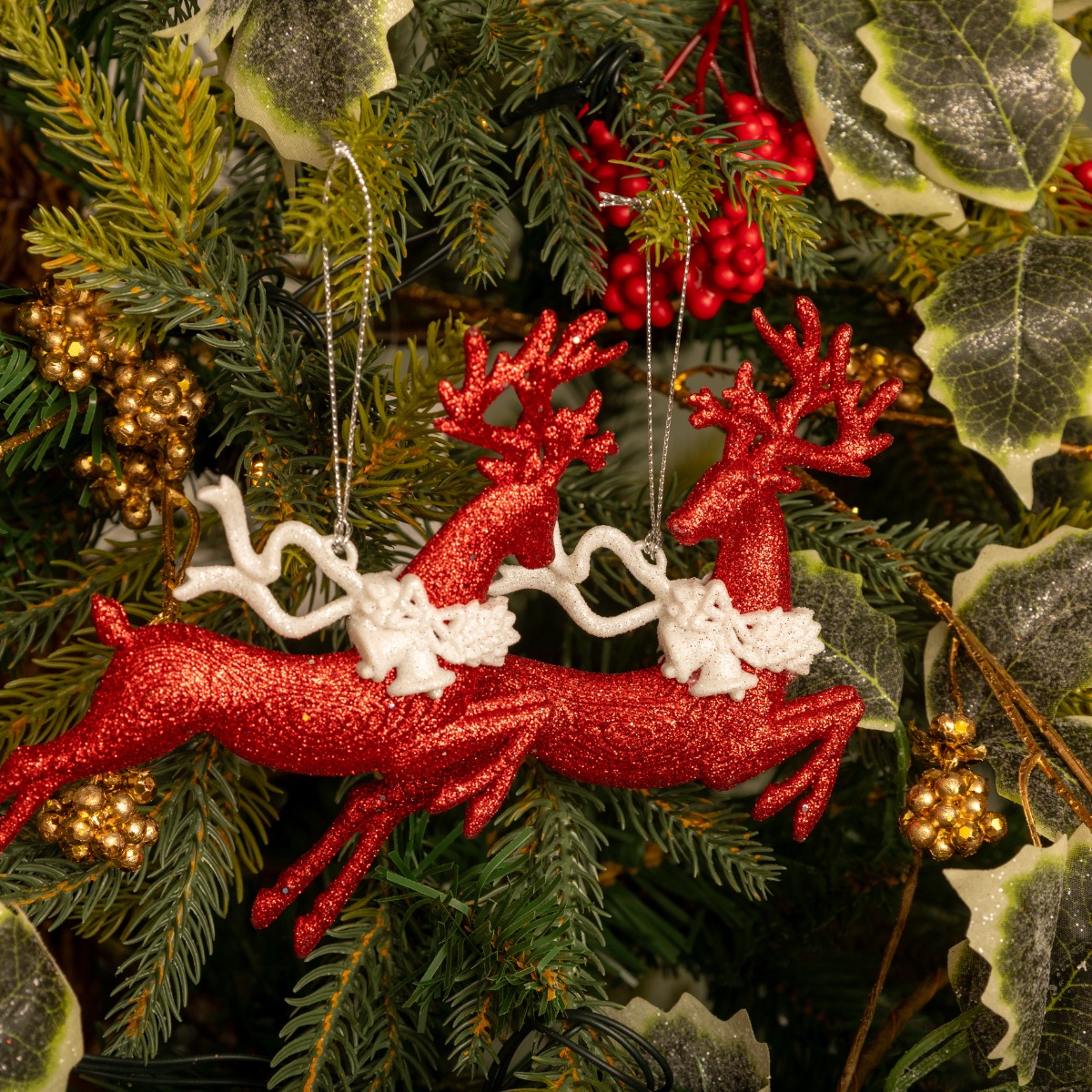 Pair of Hanging Red And White Leaping Reindeer - Christmas Tree Decoration