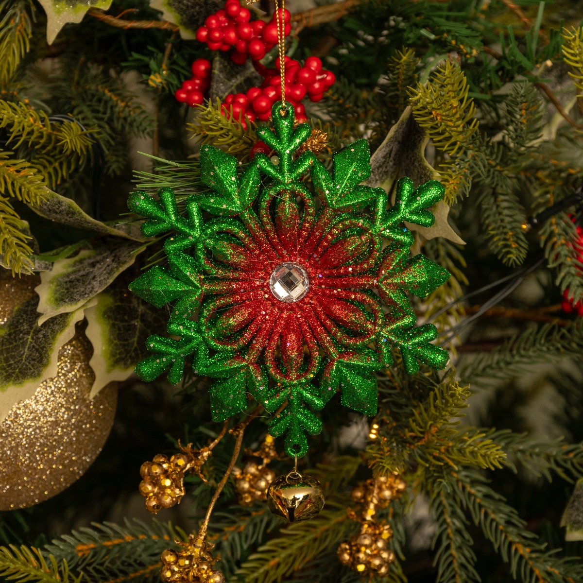 Hanging Green Glitter Snowflake With Gold Bell - Christmas Tree Decoration