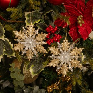 Pair of Hanging Gold And Silver Snowflakes - Christmas Tree Decoration