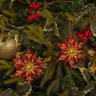 Pair of Hanging Red And Gold Snowflakes - Christmas Tree Decoration