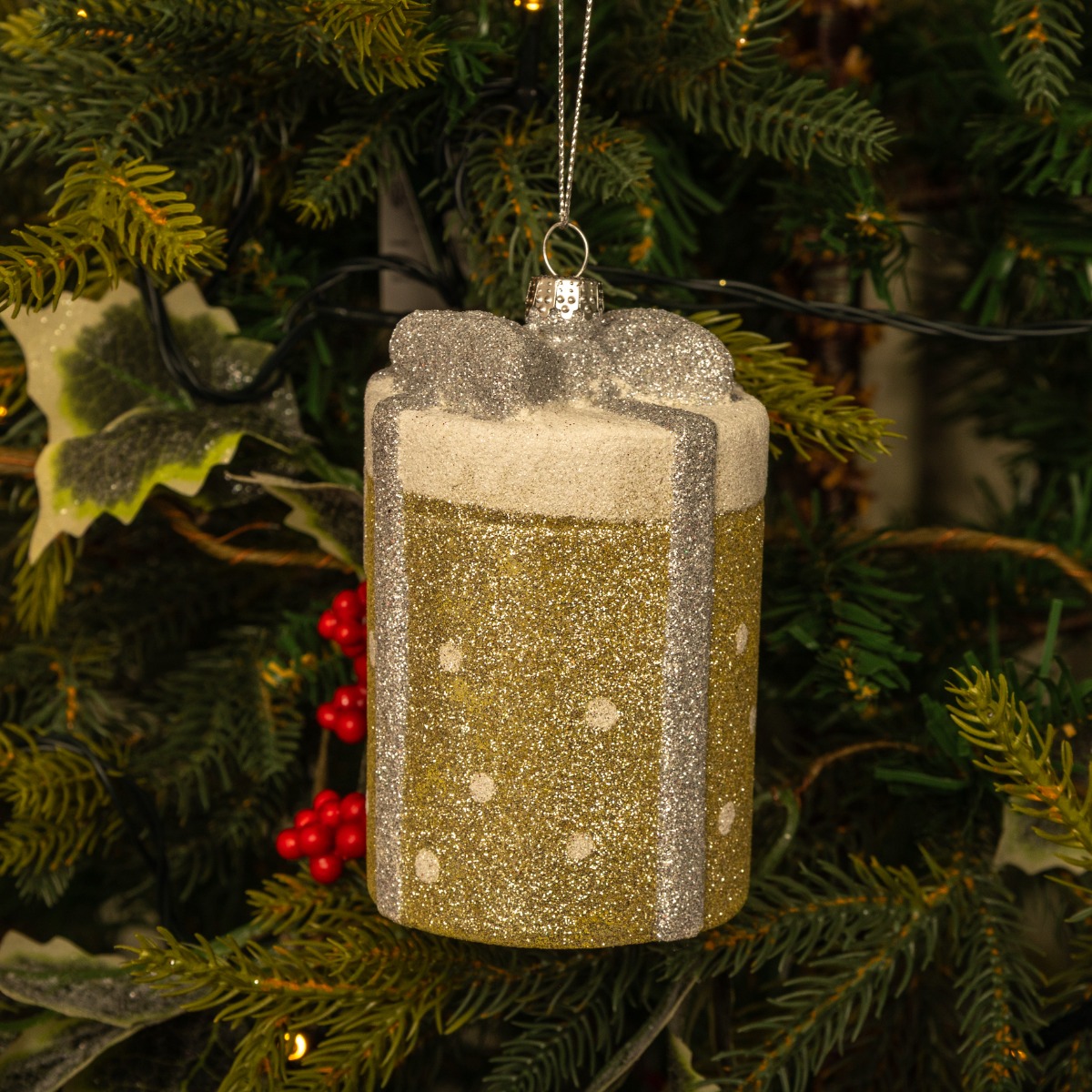 Hanging Gold And Silver Present - Christmas Tree Decoration