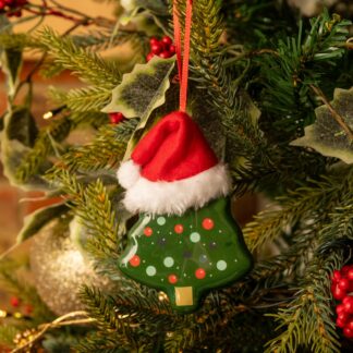 Hanging Decoupage Tree With Red Santa Hat - Christmas Tree Decoration
