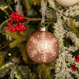 Blush Pink With White Glitter Snowflakes Glass Bauble - Christmas Tree Decoration