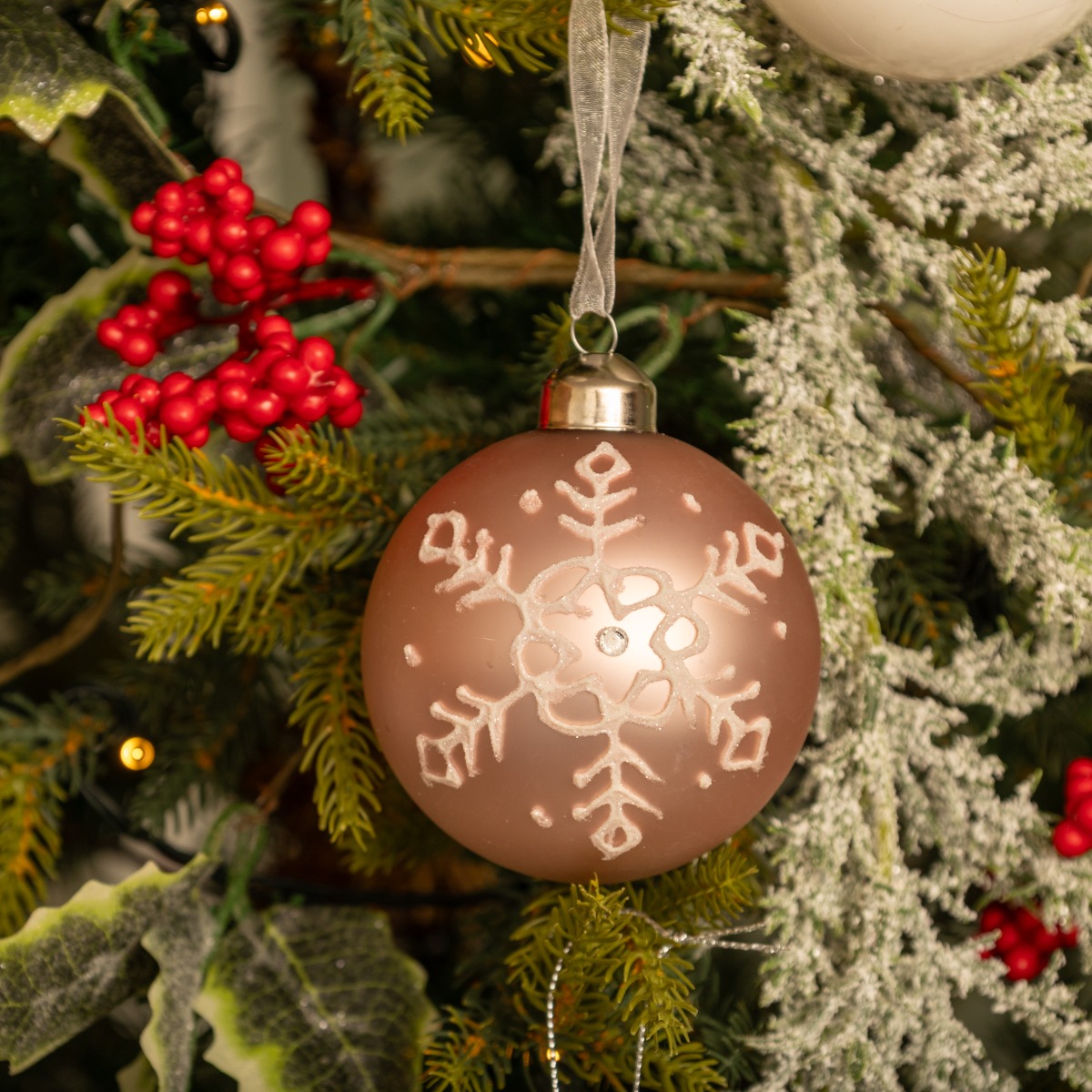 Blush Pink With White Glitter Snowflakes Glass Bauble - Christmas Tree Decoration