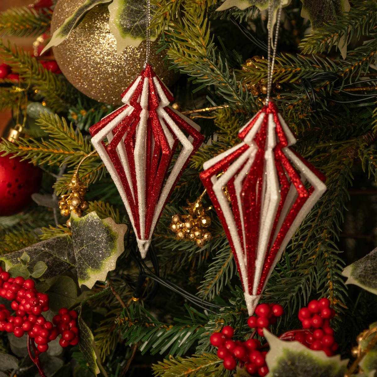 Pair of Hanging Red And White Glitter Finial Drops - Christmas Tree Decoration