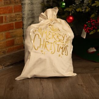 White And Gold Merry Christmas Sack - Christmas Decoration