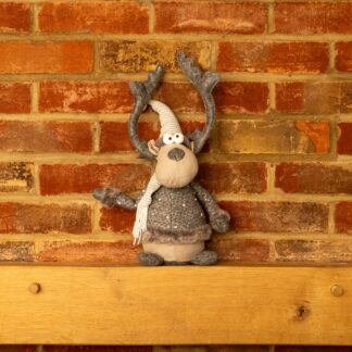Sitting Grey Reindeer With Scarf - Christmas Decoration