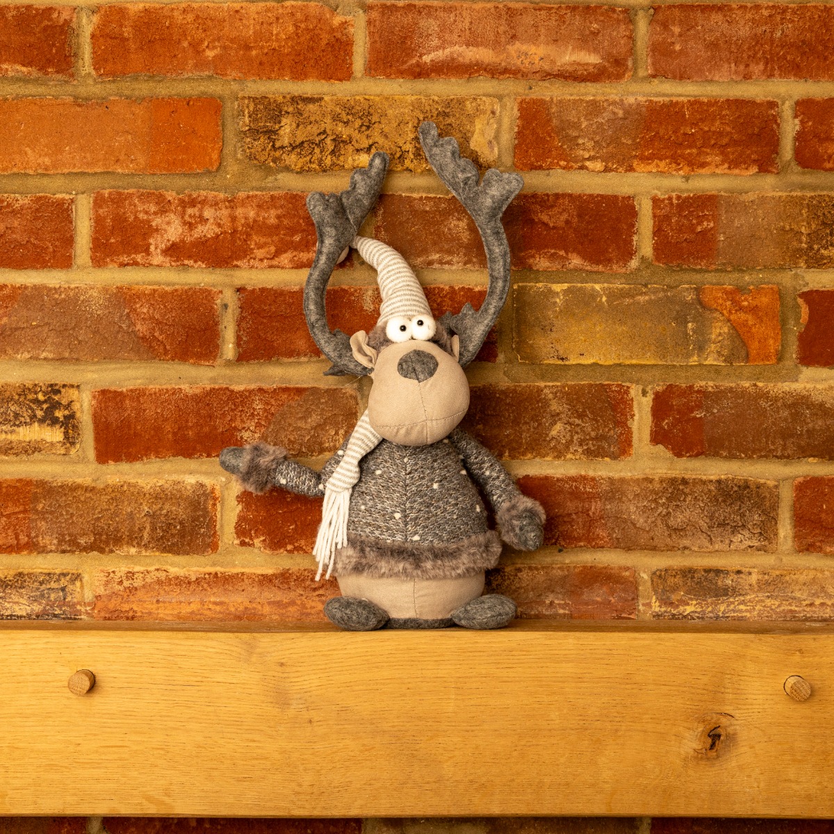 Sitting Grey Reindeer With Scarf - Christmas Decoration