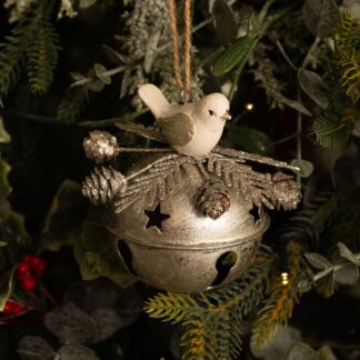 Metal Silver Bell With Foliage And White Bird - Christmas Tree Decoration