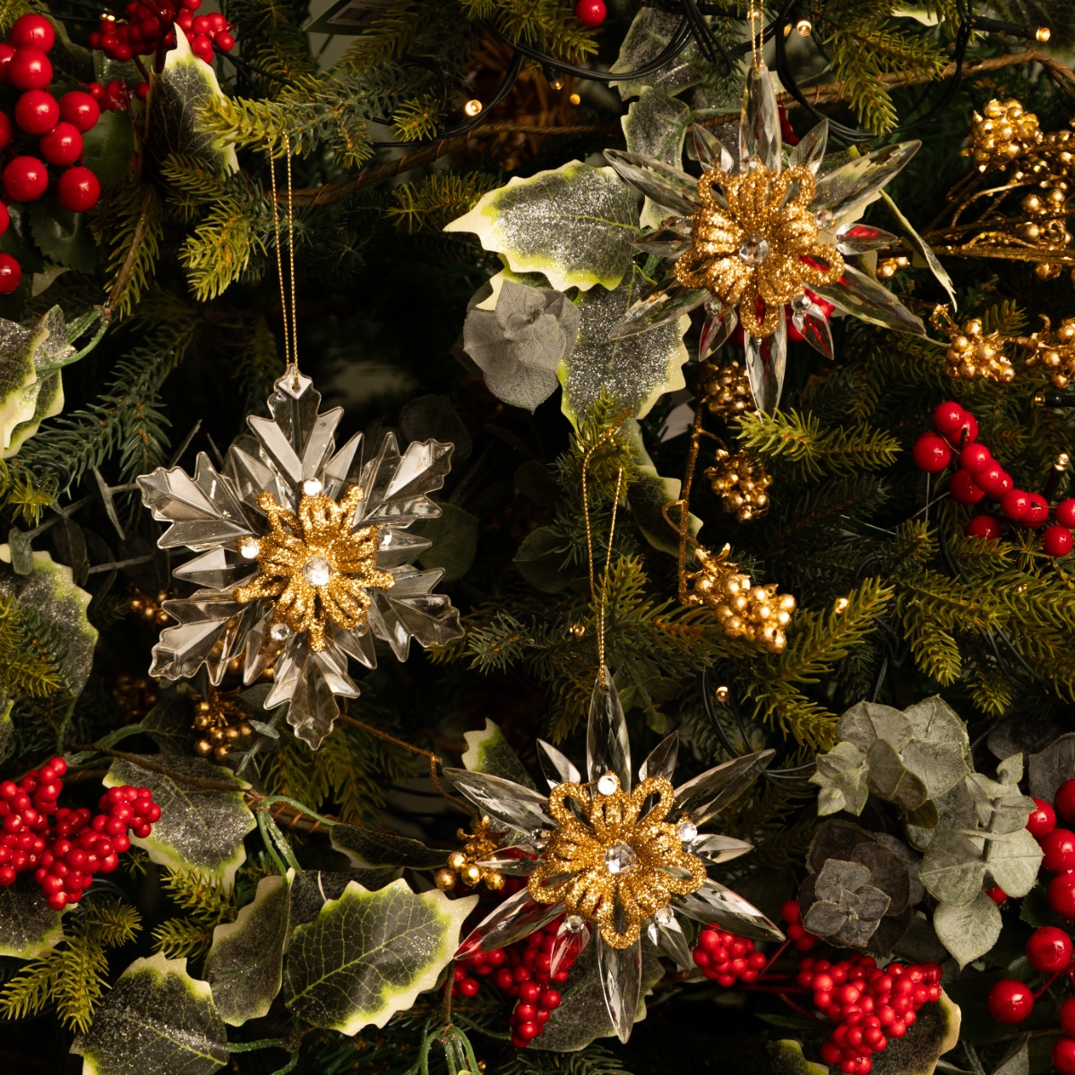 Clear And Gold Acrylic Snowflakes - Christmas Tree Decoration - Pack of 3