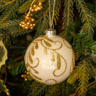 White With Gold Glitter Bauble - Christmas Tree Decoration