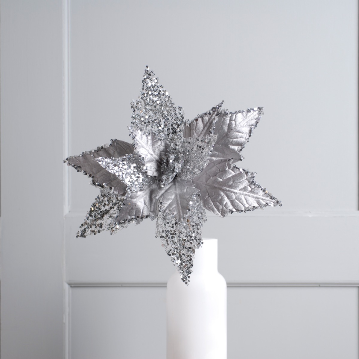 Silver Velvet Poinsettia Stem - Christmas Decoration - 45cm