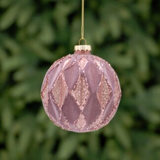 Dark Pink Glass Bauble With Glitter Details - Christmas Decoration