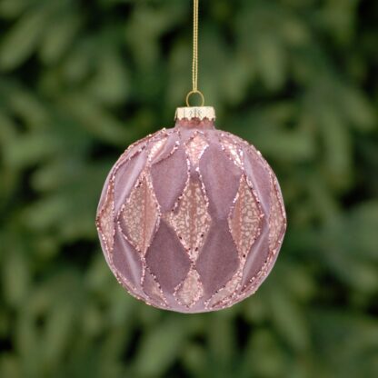 Dark Pink Glass Bauble With Glitter Details - Christmas Decoration