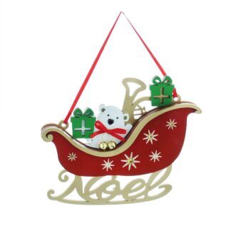 Wooden Polar Bear in Red Sleigh - Christmas Tree Decoration