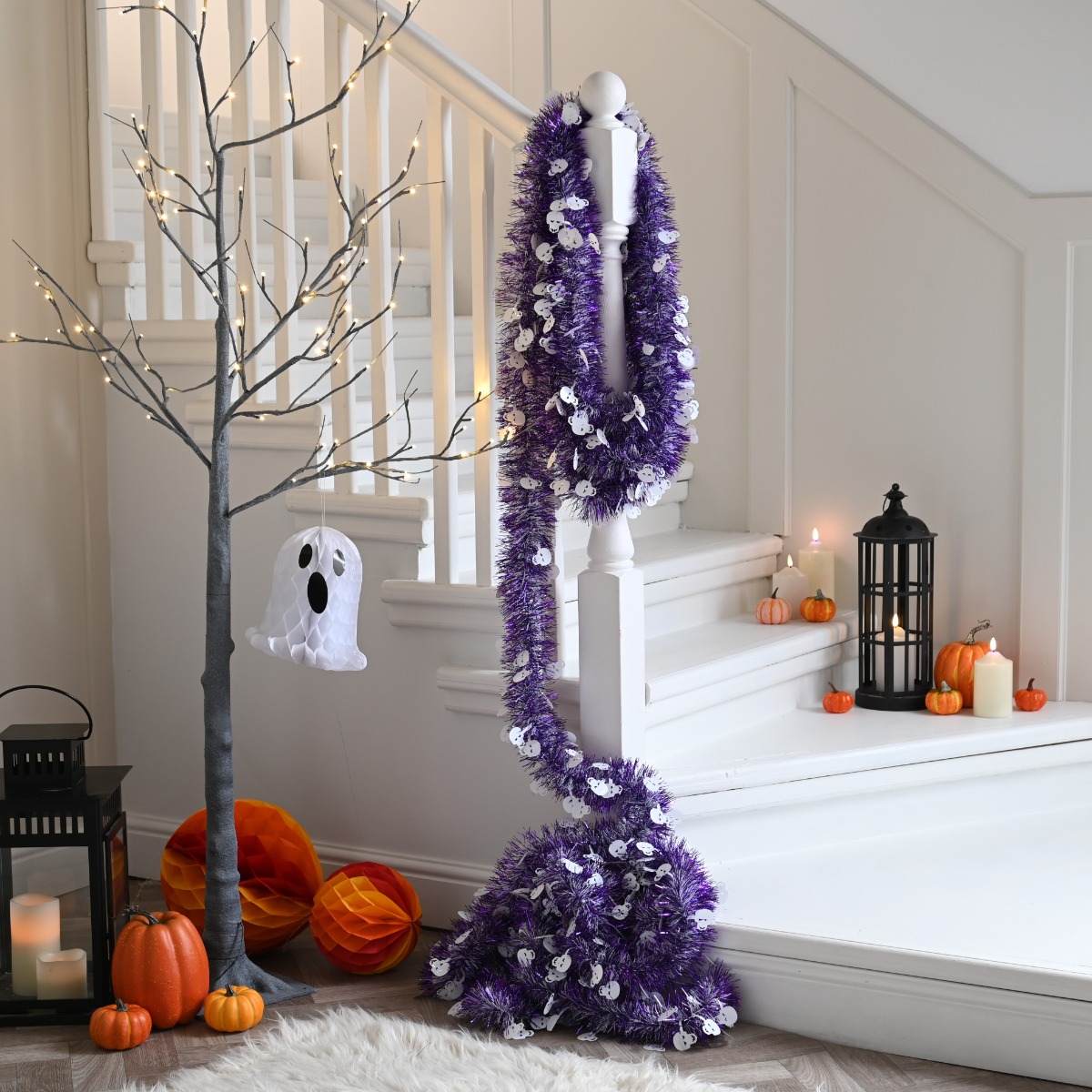 Extra Long Purple With White Skull Tinsel - Christmas Tree Decoration - 10m