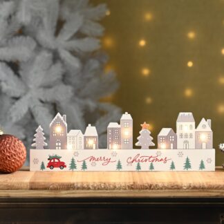 Led White Wooden Village Scene - Christmas Decoration