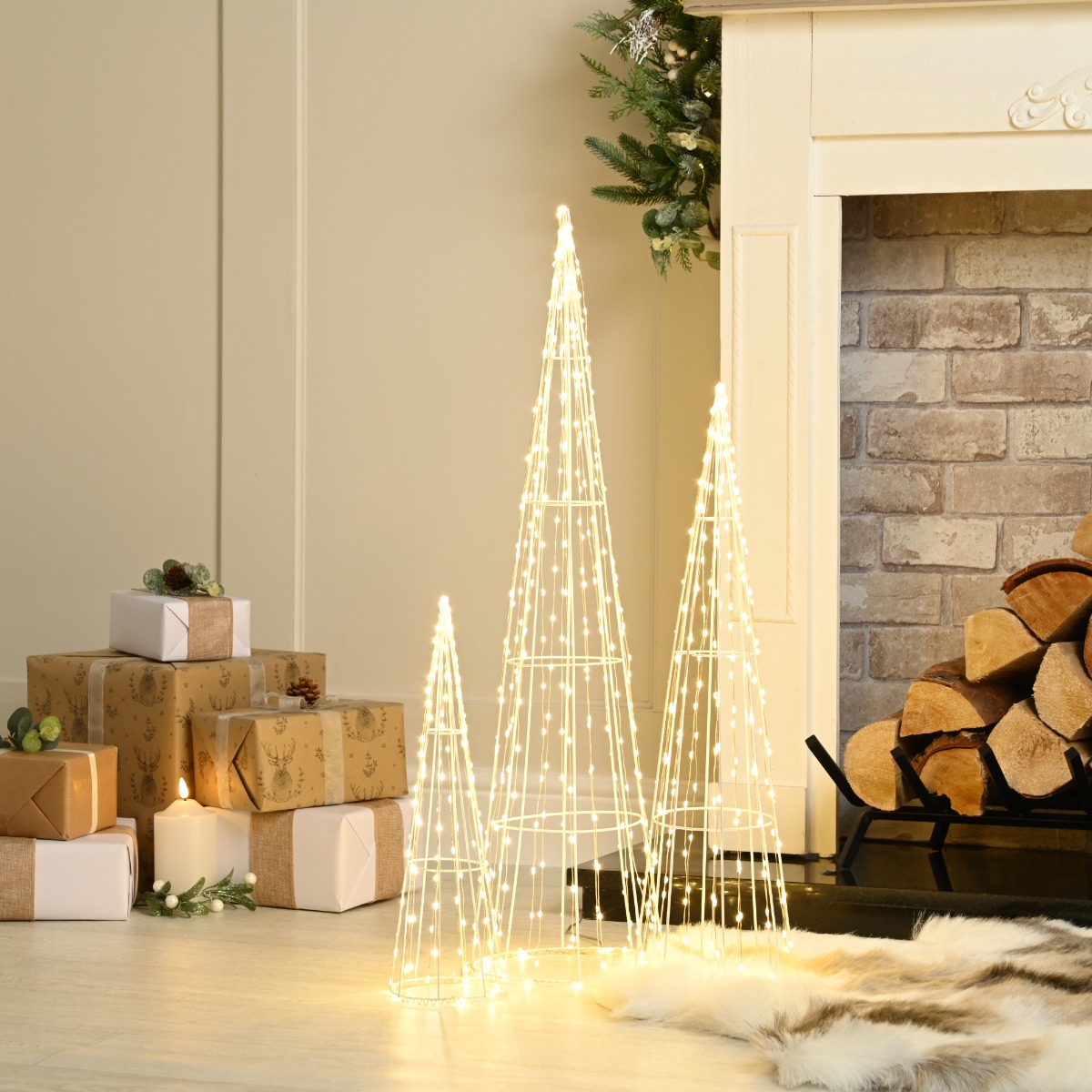 Dewdrop Cone Trees With Warm White Led Lights - Christmas Decoration - Set of 3