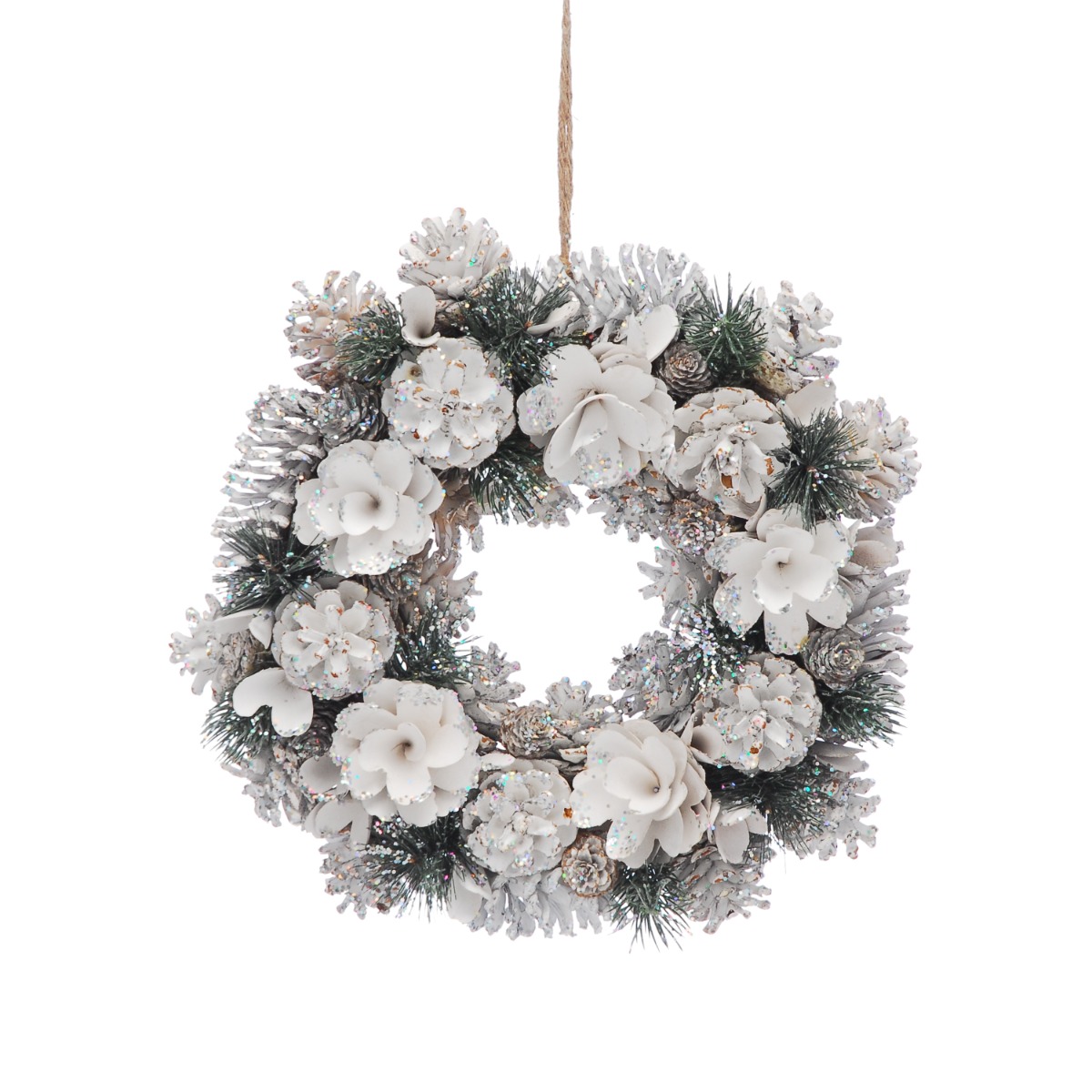 White Flowers And White Pinecones Wreath - Christmas Decoration - 36cm