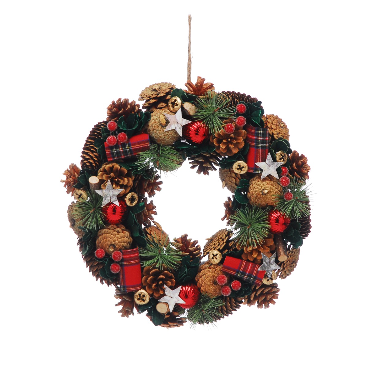 Pinecone Wreath With Tartan Ribbon - Christmas Decoration - 36cm