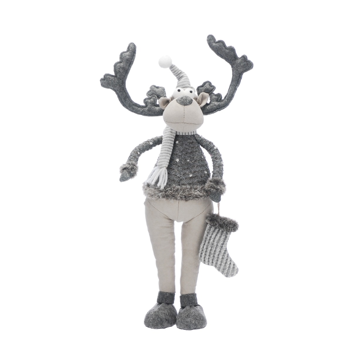Standing Grey Reindeer With Striped Scarf - Christmas Decoration
