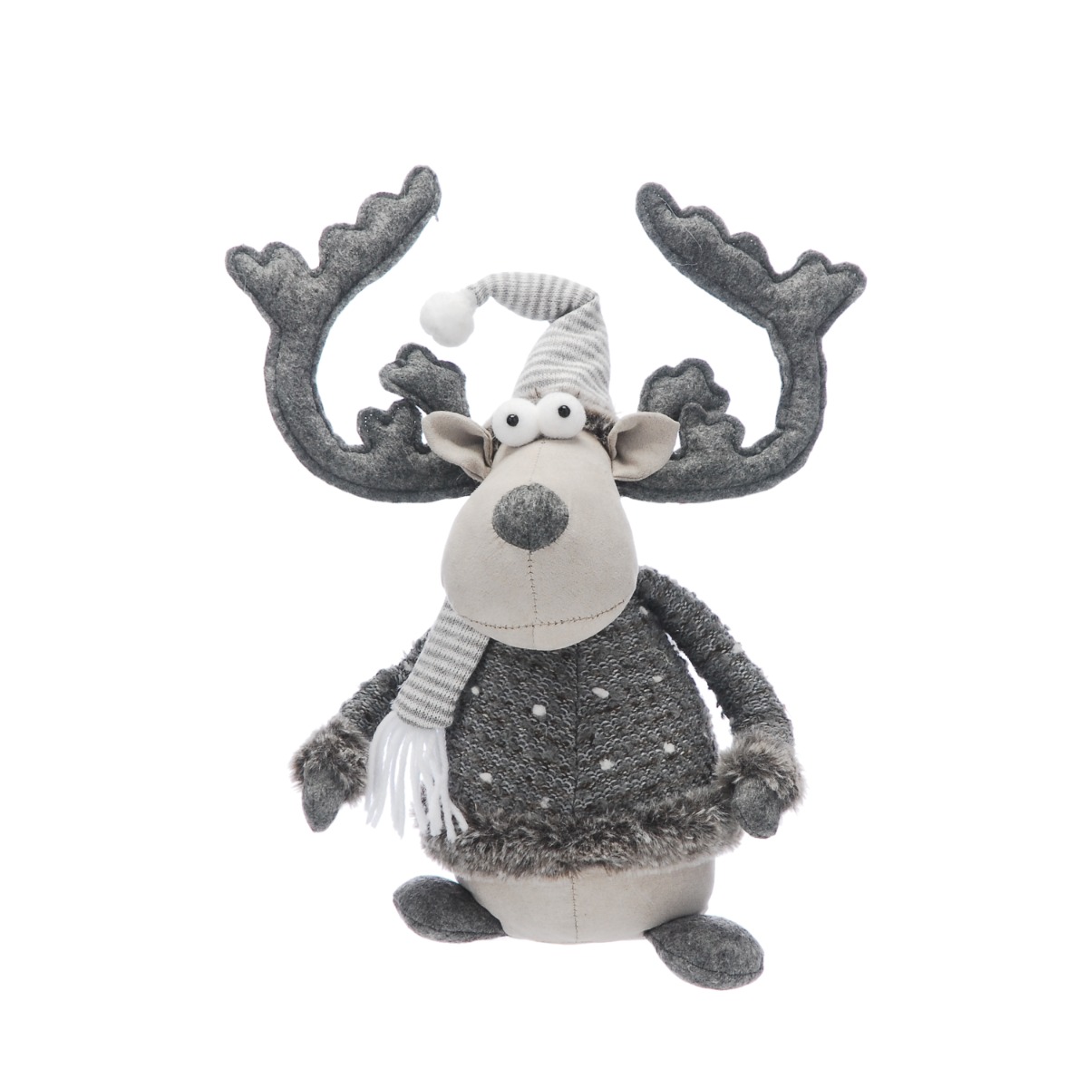 Sitting Grey Reindeer With Scarf - Christmas Decoration