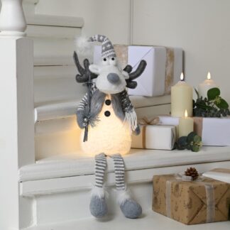 Led Light Sitting Dangly Legs Grey Reindeer - Christmas Decoration